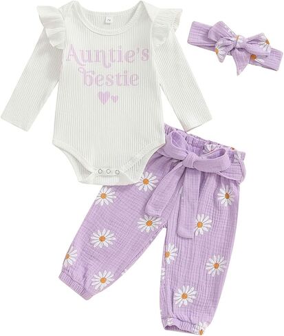 Toddler Baby Girls Fall Outfits Long Sleeve Romper Butterfly/Daisy Print Linen Pants Headband Newborn Baby Clothes in Saudi Arabia