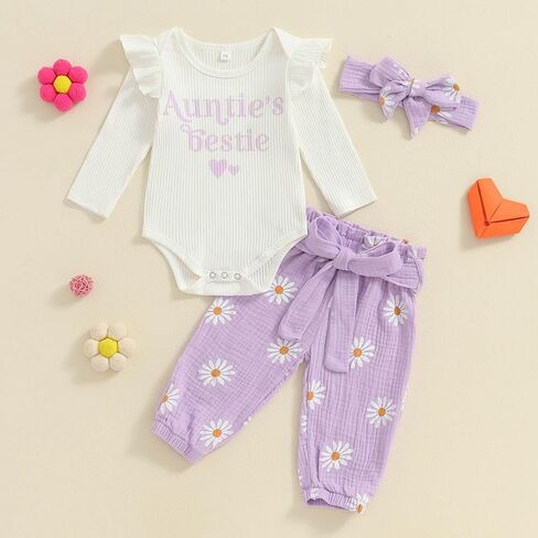 Toddler Baby Girls Fall Outfits Long Sleeve Romper Butterfly/Daisy Print Linen Pants Headband Newborn Baby Clothes in Saudi Arabia