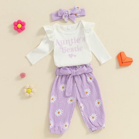 Toddler Baby Girls Fall Outfits Long Sleeve Romper Butterfly/Daisy Print Linen Pants Headband Newborn Baby Clothes in Saudi Arabia