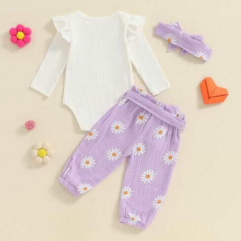 Toddler Baby Girls Fall Outfits Long Sleeve Romper Butterfly/Daisy Print Linen Pants Headband Newborn Baby Clothes in Saudi Arabia
