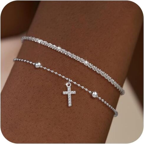 Risamil الذهب / الفضة الصليب سلسلة سوار للنساء العصرية 14K الذهب مطلي اللؤلؤ مطرز أساور لذيذ لامعة الفضة الصليب سحر الإسورة سوار مجوهرات للنساء الفتيات in Kuwait