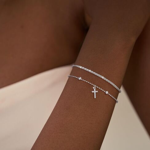 Risamil الذهب / الفضة الصليب سلسلة سوار للنساء العصرية 14K الذهب مطلي اللؤلؤ مطرز أساور لذيذ لامعة الفضة الصليب سحر الإسورة سوار مجوهرات للنساء الفتيات in Kuwait