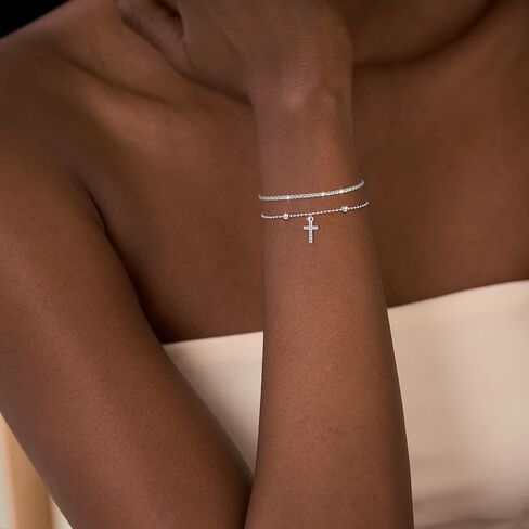 Risamil الذهب / الفضة الصليب سلسلة سوار للنساء العصرية 14K الذهب مطلي اللؤلؤ مطرز أساور لذيذ لامعة الفضة الصليب سحر الإسورة سوار مجوهرات للنساء الفتيات in Kuwait