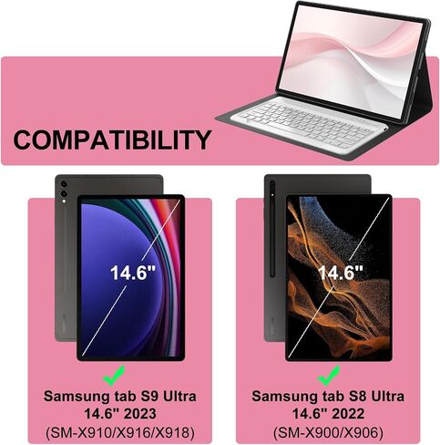 حافظة لوحة المفاتيح Galaxy Tab S9 Ultra، حافظة Tab S8 Ultra مع لوحة مفاتيح لاسلكية قابلة للفصل، غطاء حماية ذكي مع حامل قلم S لجهاز Samsung Galaxy Tab S9 Ultra 2023/S8 Ultra 2022 14.6 بوصة - ذهبي وردي in Saudi Arabia