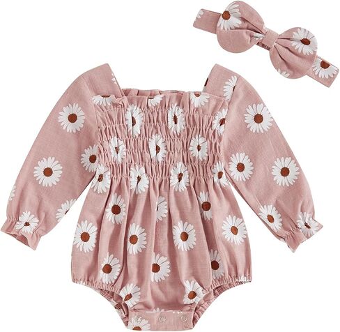 Newborn Baby Girls Daisy Romper Long Sleeve Pleated Smocked Bubble Ruched Jumpsuit Bodysuit Fall Winter Clothes in Kuwait