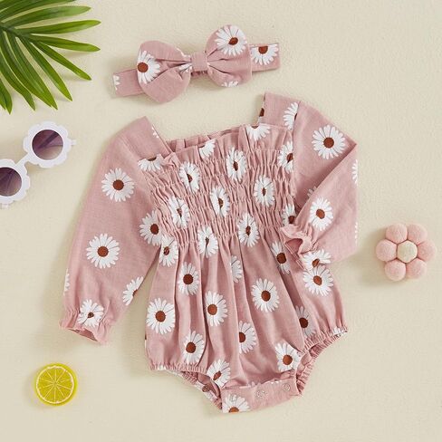 Newborn Baby Girls Daisy Romper Long Sleeve Pleated Smocked Bubble Ruched Jumpsuit Bodysuit Fall Winter Clothes in Kuwait