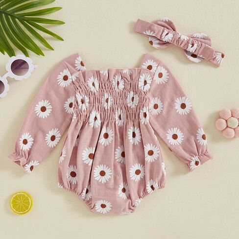Newborn Baby Girls Daisy Romper Long Sleeve Pleated Smocked Bubble Ruched Jumpsuit Bodysuit Fall Winter Clothes in Kuwait