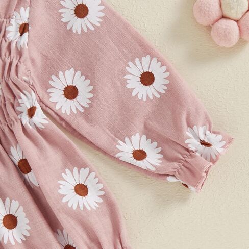Newborn Baby Girls Daisy Romper Long Sleeve Pleated Smocked Bubble Ruched Jumpsuit Bodysuit Fall Winter Clothes in Kuwait