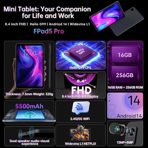 تابلت Headwolf Android 14، FPad5 Pro 8.4 بوصة Helio G99 Android Tablet، 16 جيجا بايت رام + 256 جيجا بايت ROM FHD 1920 * 1200 عرض تابلت الألعاب، Widevine L1، 5500 مللي أمبير، 13 ميجابكسل + 8 ميجابكسل، 2.4 جيجا/5 جيجا واي فاي تابلت in Kuwait