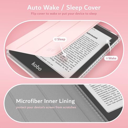TUDIA SKN Flip Designed for Kobo Clara Colour/BW Case (2024) - [Auto Wake/Sleep Technology] Shockproof Slim Transparent TPU Back with Soft Smooth Leather Trifold eReader Cover - Clear Pink in Saudi Arabia