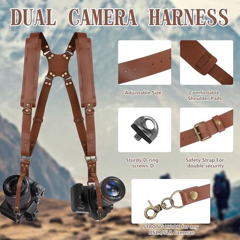 Dual Camera Harness for 2 Cameras,Shoulder Leather Camera Strap for Photographers,Double Camera Strap Camera Harness for 2 Cameras,Dual Camera Harness for Photographers,for DSLR/SLR,Brown in Saudi Arabia