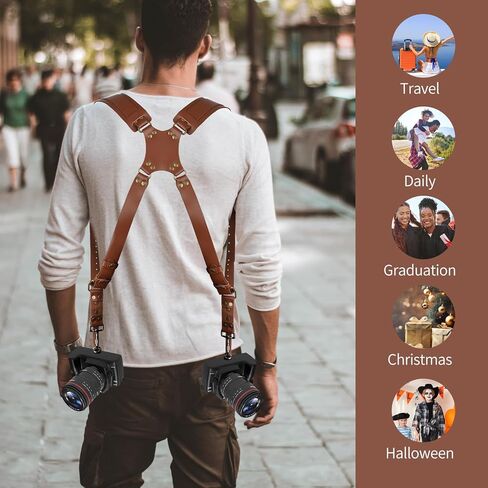 Dual Camera Harness for 2 Cameras,Shoulder Leather Camera Strap for Photographers,Double Camera Strap Camera Harness for 2 Cameras,Dual Camera Harness for Photographers,for DSLR/SLR,Brown in Saudi Arabia