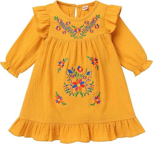Toddler Baby Girls Mexican Dress Long Sleeve Floral Embroidery Ethnic Dress Cinco de Mayo Fiesta Dresses in Saudi Arabia