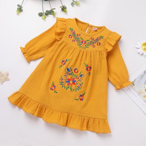 Toddler Baby Girls Mexican Dress Long Sleeve Floral Embroidery Ethnic Dress Cinco de Mayo Fiesta Dresses in Saudi Arabia