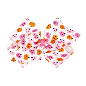 Wee Ones Girls Halloween-themed Pink Jack-O-Lantern Printed Grosgrain Hair Bow, Pink Jack O Lantern, King