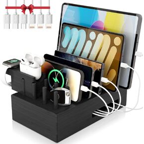 7 in 1 Bamboo Charging Station for Multiple Devices - Darfoo Wood Charging Dock Organizer, 7 USB Charging Ports Compatible with Cell Phones, Tablet, Smart Watch & Earbud(White)