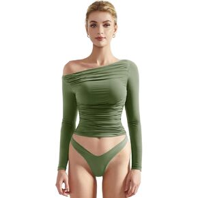 SUUKSESS Women Off Shoulder Long Sleeve Shirts Double Lined Fitted Crop Tops