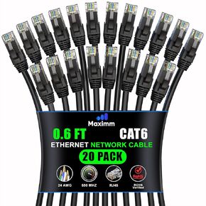 Maximm Cat 6 Ethernet Cable 10 ft (20-Pack) - High-Speed LAN Cable, Internet Cable, Patch Cable, and Network Cable - UTP, 10Gbps, 550MHz Ethernet Cord - Blue