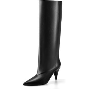 MIRAAZZURRA Womens Knee High Boots Pointed Toe Slouchy Boots for Women Wide Calf Cone Heel Pull on Boots