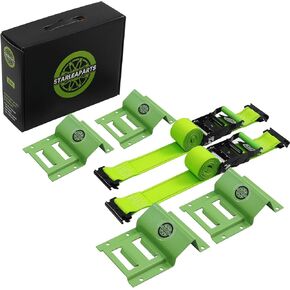 Heavy Duty Wheel Chock Tie Down Straps Set (2PK) - 4,400lb Guaranteed Max Break Strength, (2) 2" x 6' Trailer Tire Straps with (4) Wheel Chocks for ATV, UTV or Tractors
