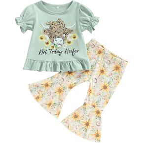 2Pcs Summer Newborn Outfits Toddler Baby Girl Clothes Cute Cow Head Short Sleeve T-Shirt Top and Flare Long Pants