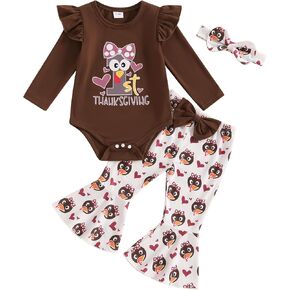 Honganda Newborn Baby Girl Thanksgiving Outfit Ruffle Long Sleeve Romper+Turkey Flare Pants+Headband 3Pcs Clothes Set