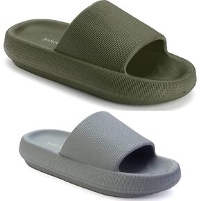 Joomra Unisex Pillow Slippers Shower Slides House Shoes Amy Green And Grey 6-7 Women/4.5-5.5 Men 37-38