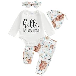 Newborn Baby Fall Outfits Hello I'm New Here Long Sleeve Romper Highland Cow Pants Headband Hat Set 4Pcs Clothes