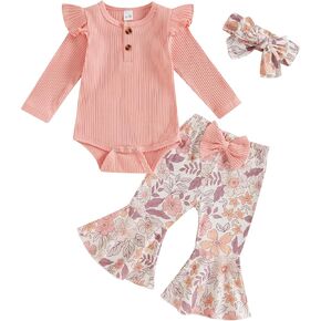 Newborn Baby Girl Clothes Ribbed Long Sleeve Ruffle Romper Bell-Bottom Pants Headband Set 3Pcs Fall Winter Clothes