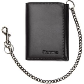 Trifold Mens Wallet with Chain, Genuine Leather Wallet RFID Blocking Anti-Theft Chain for Biker, Motorcycle (Brown Color)
