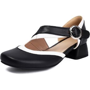 Elerhythm Women's Mary Jane Two Tone Ancke Strap Buckle Closed Round Toe Pumps Chunky Block Low Heels Sandals Shoes