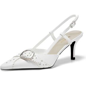 MAVMAX Slingback Heels for Women Studded Pointed Toe Kitten Heels Pumps Buckle Stiletto Backless Heeled Sandals Wedding Party Dress Shoes