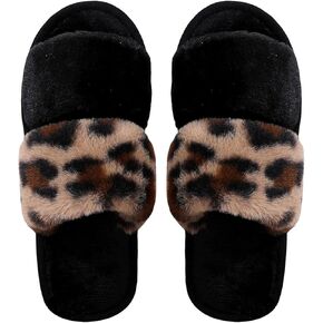 OYOANGLE Women's Fuzzy Open Toe Bedroom Slippers Two Band Slides Indoor Outdoor Soft Cozy Shoes
