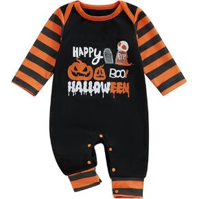 Newborn Baby Boy Halloween Outfit Clothes Pumpkin Print One Piece Romper Stripe Long Sleeve Jumpsuit