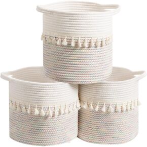 danpinera 11 Inch Storage Baskets Set of 3, Cotton Woven Baskets for Storage with Strong Handles & Stylish Tassel, Storage Bins, Decorative baskets for shelves, Nursery, Laundry, White & Mixed Brown