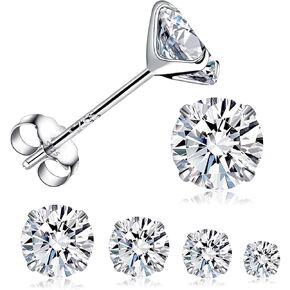 925 Sterling Silver Round Stud Earring Set, White Gold Plated Hypoallergenic Cubic Zirconia Earrings Pack for Women and Men