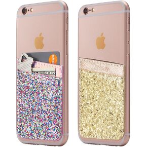 (Two) Cell Phone Stick On Wallet Card Holder Phone Pocket for iPhone, Android and All Smartphones. (White & Black)