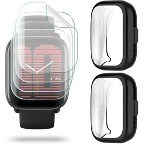 HUADU Watch Screen Protector (3+1Pack) Compatible for Amazfit Active Edge, Tempered Glass Film Anti-Scratch High Definition Full Coverage and Soft TPU Protective Case, black