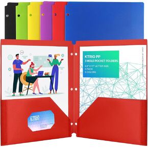 KTRIO Pocket Folders 2 Pocket Folders 3 Hole Punch- (6 Pack, Assorted Colors) Plastic Folders for 3 Ring Binder Folder with Pockets Letter Size Pocket Folders Colored Poly Folders for School