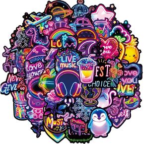 50Pcs Neon Stickers Waterproof Vinyl Graffiti Stickers for Laptop, Water Bottle, Kindle, Suitcase, Bicycle, Notebooks, Scrapbooking, Cute Anime Decals for Teens and Adults