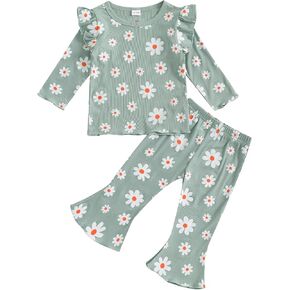 Toddler Girl Fall Winter Outfits Baby Knit Ribbed Fly Sleeve Shirt Tops Pants 2Pcs Set Little Girls Clothes