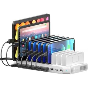 10-Port Multi Charging Station, 60W USB Charger for Multiple Devices with Adjustable Dividers Compatible with Tablets, Smartphones