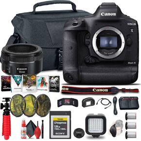 Canon EOS-1D X Mark III DSLR Camera (Body Only) (3829C002) + Canon EF 50mm Lens + 128GB CFexpress Card + 2 x LP-E19 Battery + Case + Filter Kit + Corel Photo Software + LED Light + More (Renewed)