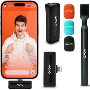 Movo Wireless Mini DI Duo Dual Ultra Compact Wireless Lavalier Microphones for iPhone with Handheld Adapter - Lapel Mic with Handle Mount for Content Creators, Interviews, Reporting and More