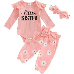 Newborn Baby Girl Fall Outfit Little Sister Long Sleeve Romper Daisy Pattern Pants Headband Set 3Pcs Clothes