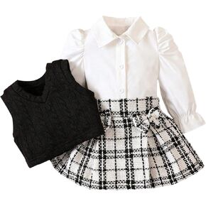 Baby Girl Fall Clothes 6-24 Months Puff Sleeve Blouse+Tartan Pleated Skirt+Vest Set, Infant Toddler Girl Outfits