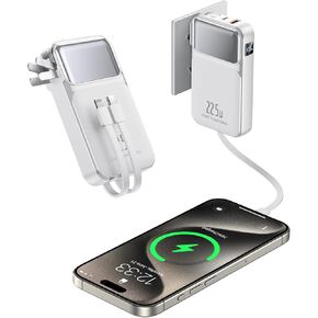 12000mAh Portable Charger Built in Cables and Wall Plug,22.5W USB-C Fast Charging Power Bank, External Battery Pack with LED Display,Travel Essential Battery Pack for iPhone,Samsung More Devices
