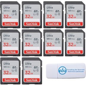 SanDisk 32GB SDHC Ultra Memory Card (10 Pack) Works with Bushnell Stealth P, Stealth X, Core Series Trail Camera (SDSDUN4-032G-GN6IN) Bundle with (1) Everything But Stromboli MicroSD & SD Card Reader
