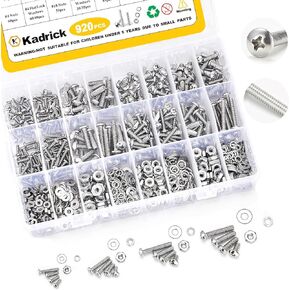 Kadrick 920Pcs Machine Screw Assortment,#4-40#6-32#8-32#10-24 Assorted Phillips Pan Head SAE Screws Nuts & Washers Set,304 Stainless Steel Bolts and Nuts Kit