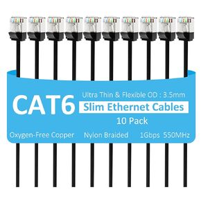 Slim CAT6 Ethernet Cable 3 FT (10-Pack), Snagless Cat 6 Patch Cable, Nylon Braided, 1Gbps, Internet Network Cables, Ultra Slim Cat6 Cables, UTP, Black Cables -10 Pack